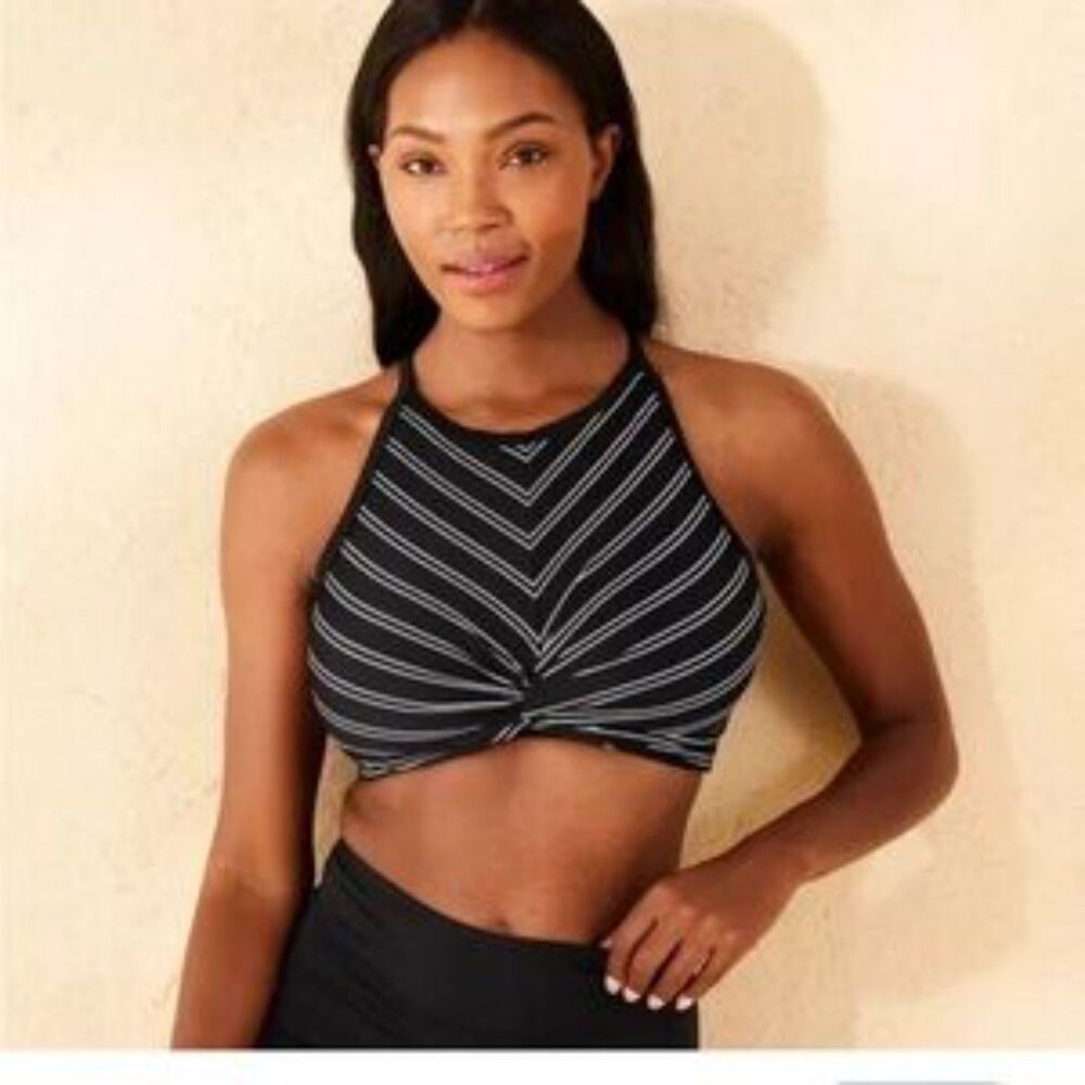 Shade & Shore Black White Striped Twist Front High Neck XS